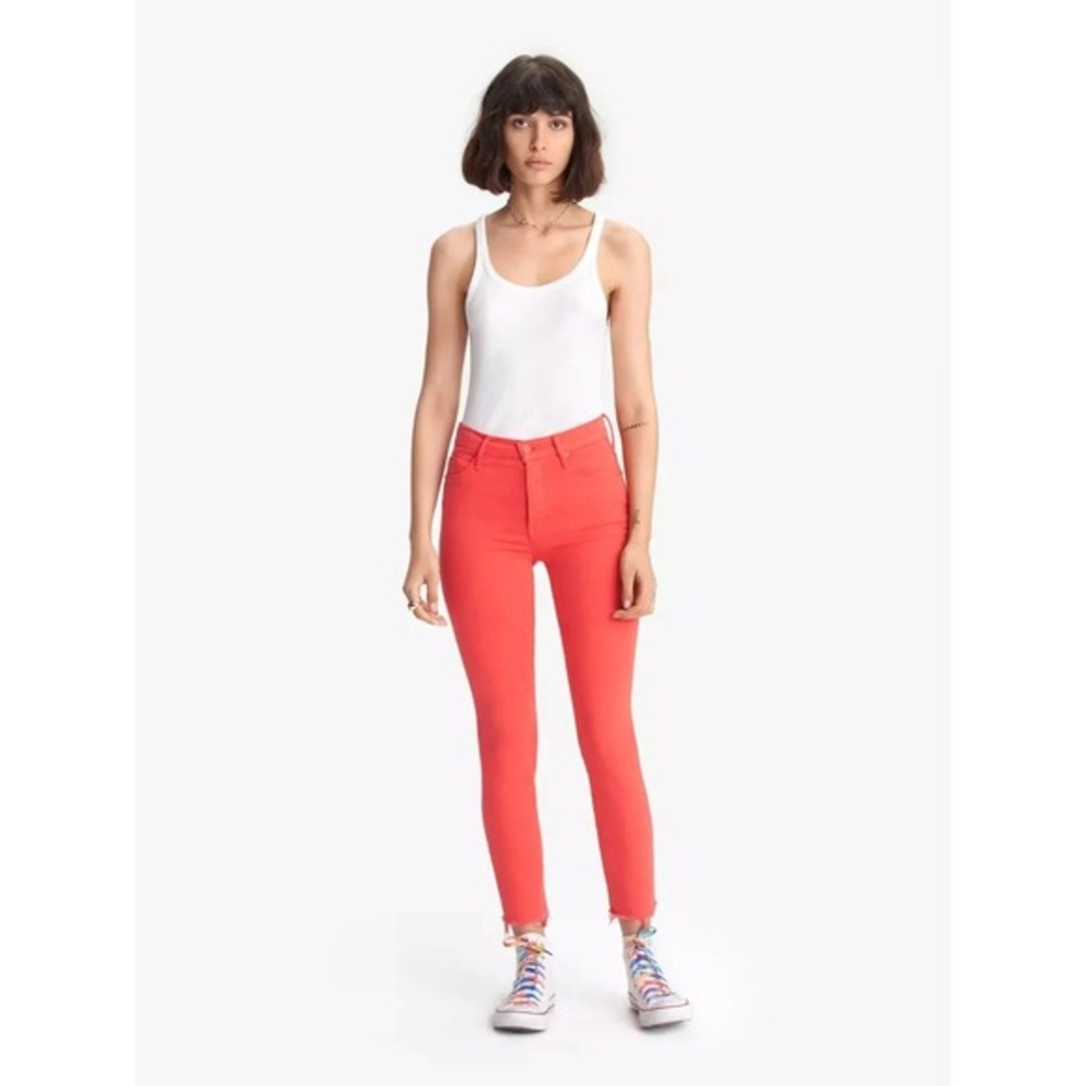 Mother Jeans Size‎ 27 The Stunner Ankle Fray Tomato Red Skinny Raw Hem Summer